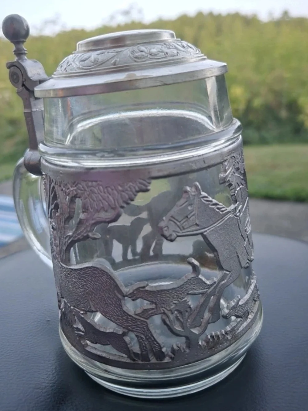 Rare Vintage German Beer Stein Pewter Lid Deer & Hound Hunt Scene